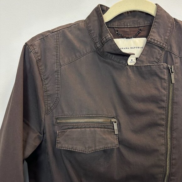 Banana Republic Moto Jacket Brown Cotton Twill Asymmetrical Full Zip Medium - Picture 1 of 11